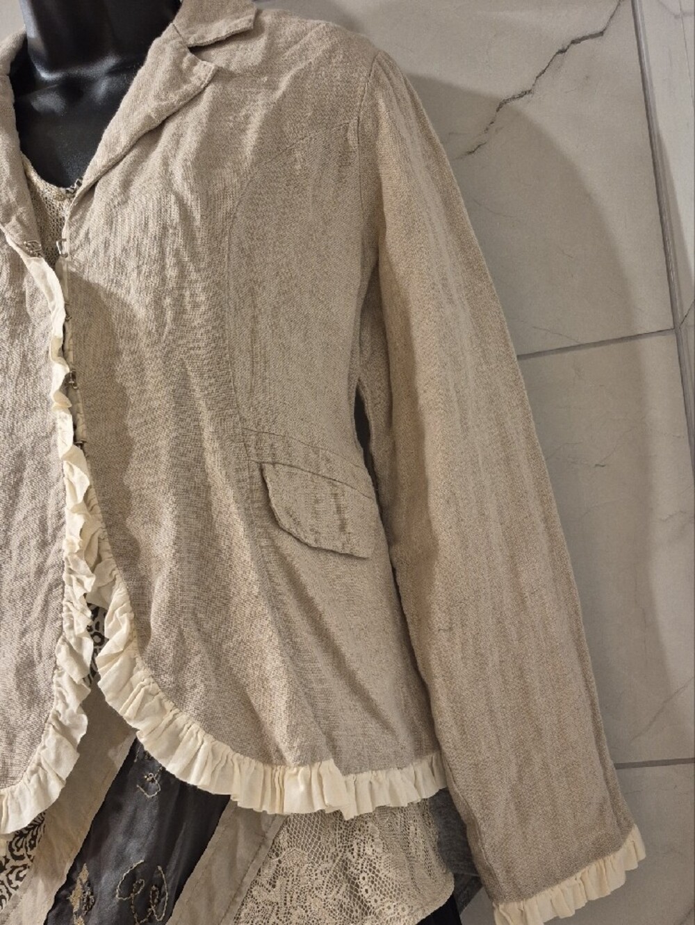Beige Linen Ruffle-Trim Blazer Jacket - Picture 7 of 11